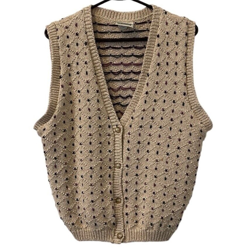 Northern Reflections Vintage Women's Knit Beige Cardigan Sweater Vest Med